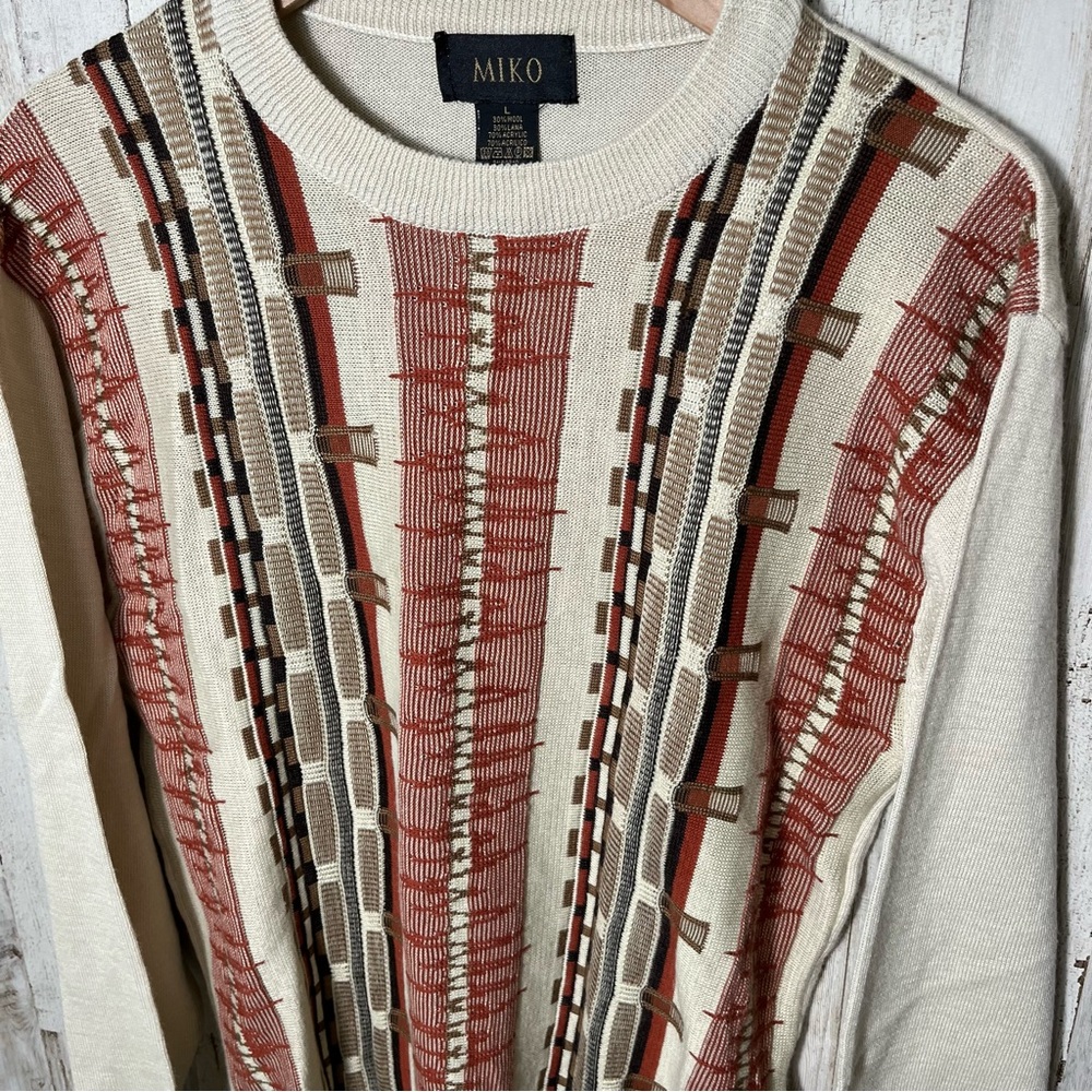Vintage 90s Coogie Like Earth Tone Grandpa 3D Knit Wool Blend Sweater Mens Large - Picture 2 of 8